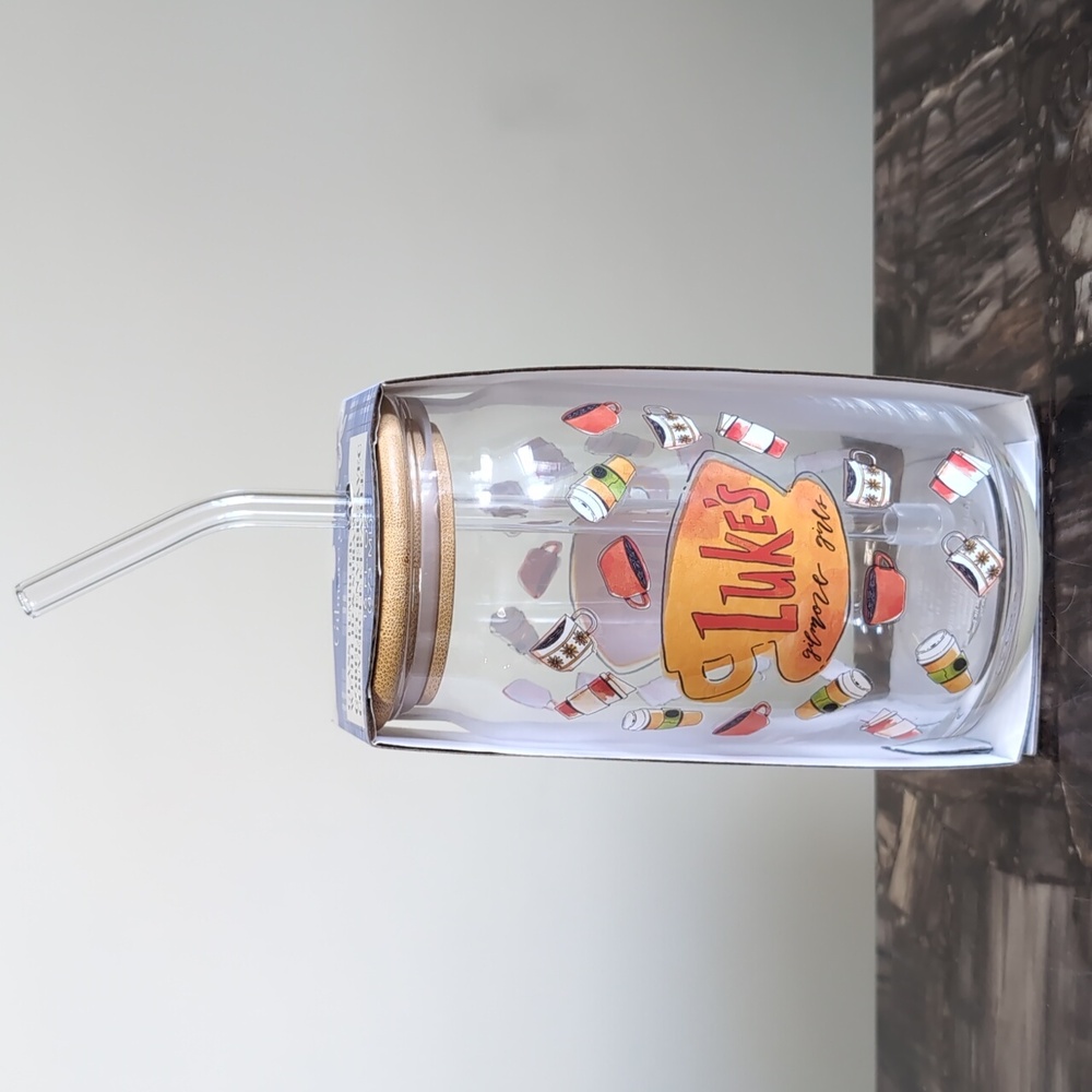 Gilmore Girls LUKE'S Glass Tumbler w/ Straw & Lid, Double Sided Coffee Design ☕ - Picture 3 of 7